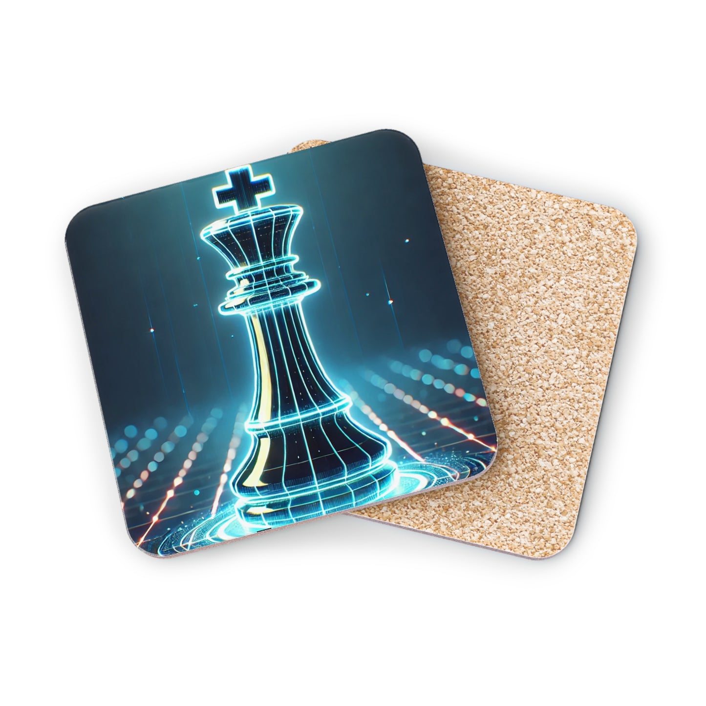 Futuristic Chess King Coaster - Glowing Design with Corkwood Bas