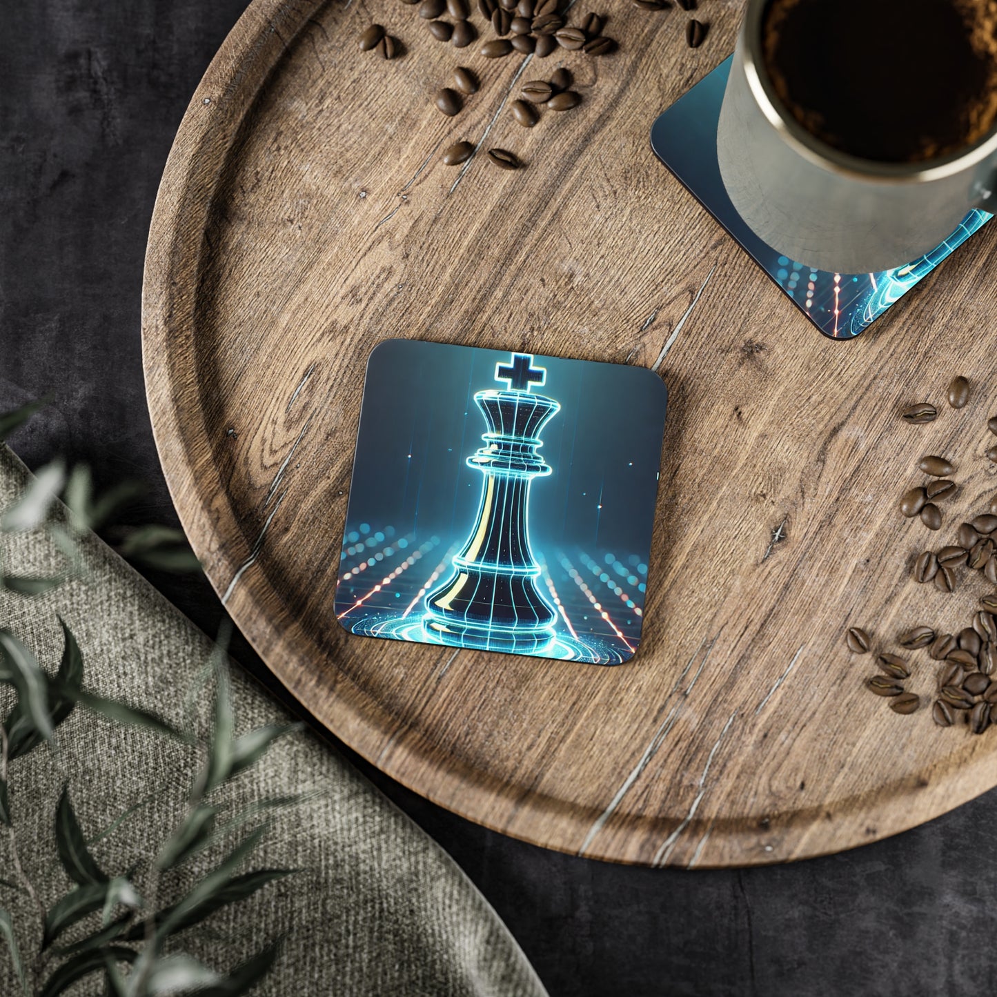 Futuristic Chess King Coaster - Glowing Design with Corkwood Bas