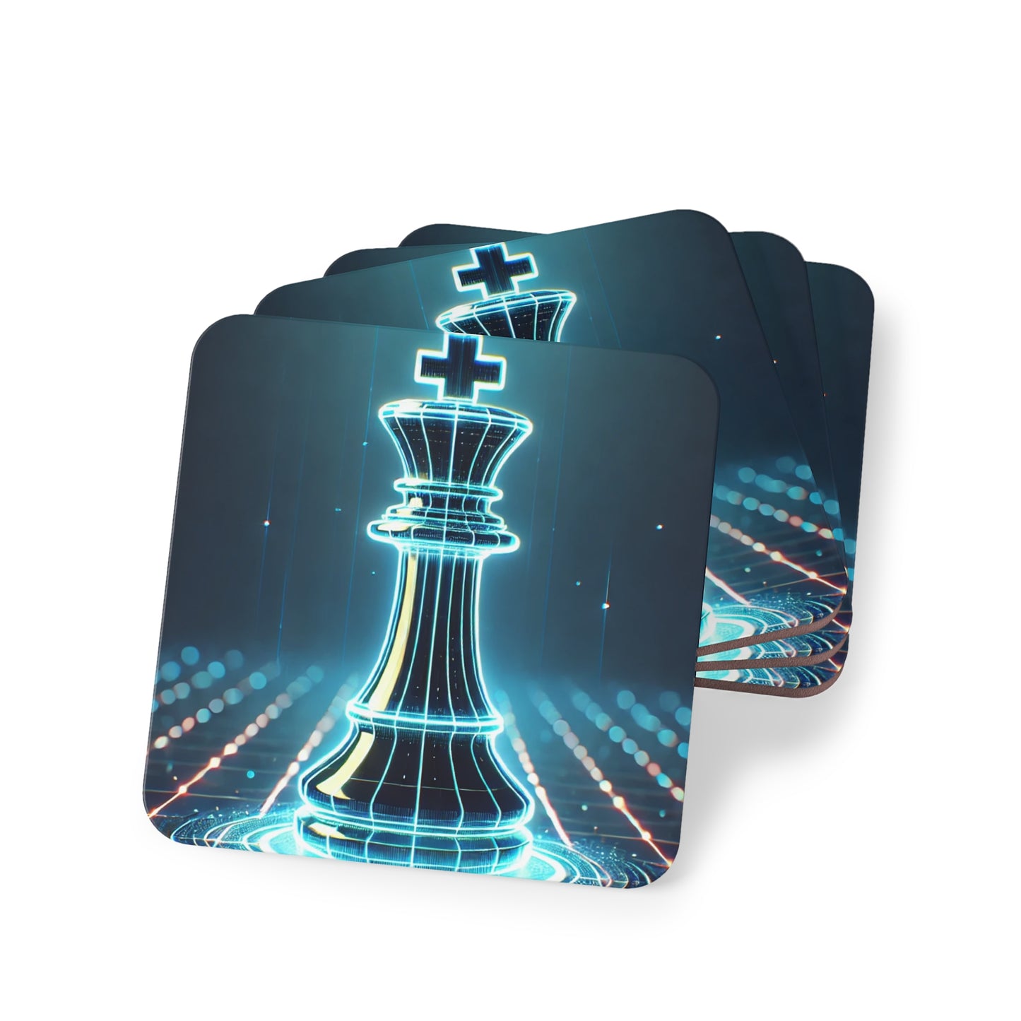 Futuristic Chess King Coaster - Glowing Design with Corkwood Bas